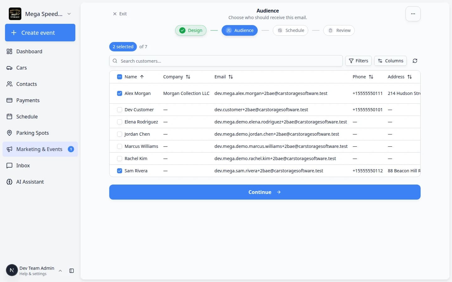 Campaign audience section showing a searchable customer list with checkboxes to include recipients
