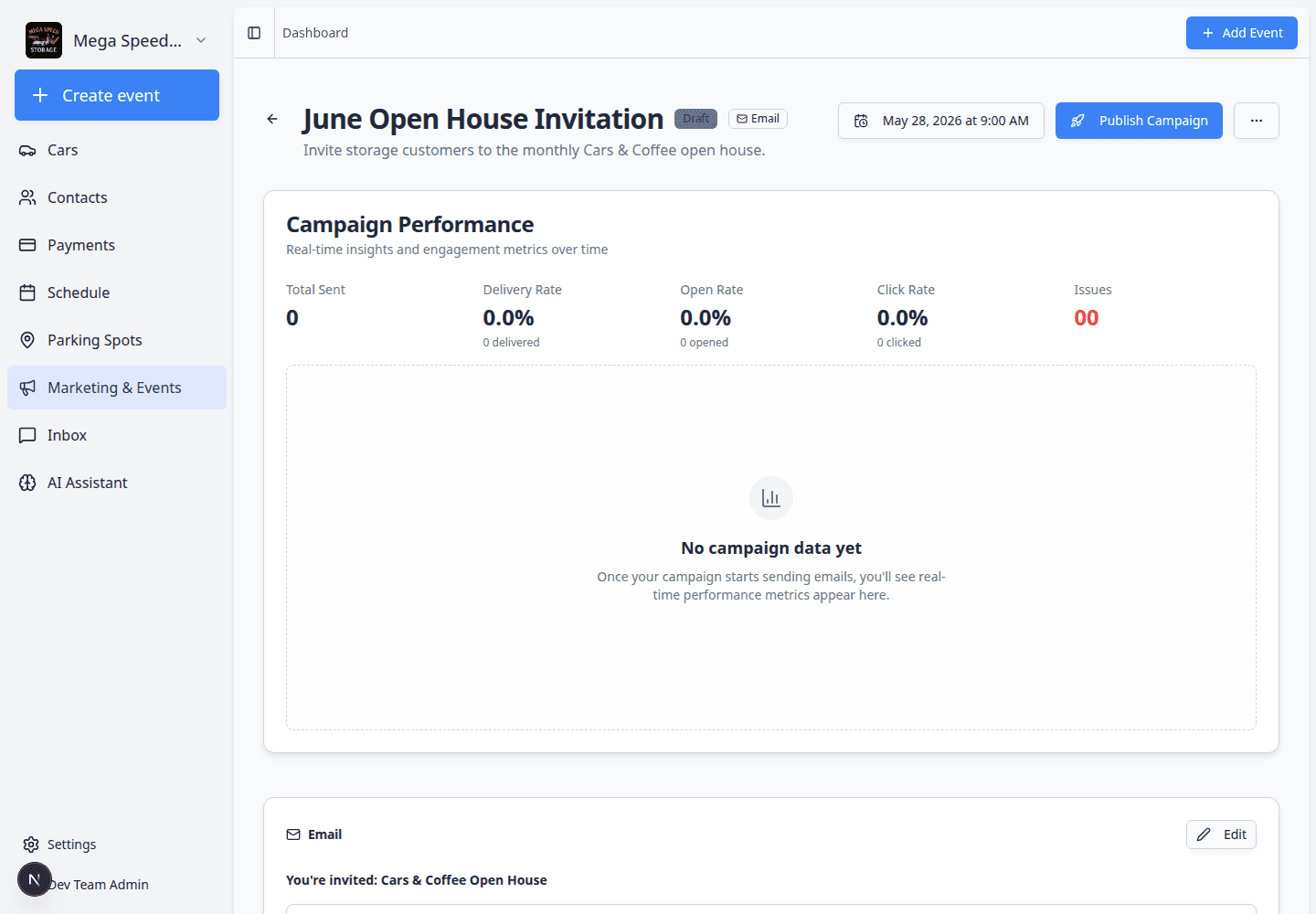 Campaign detail page showing draft status, Schedule send button, and Publish Campaign button