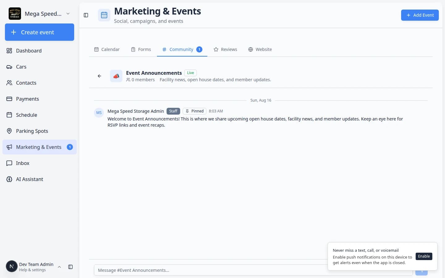 Community channel thread showing a pinned welcome message from staff and a compose box at the bottom