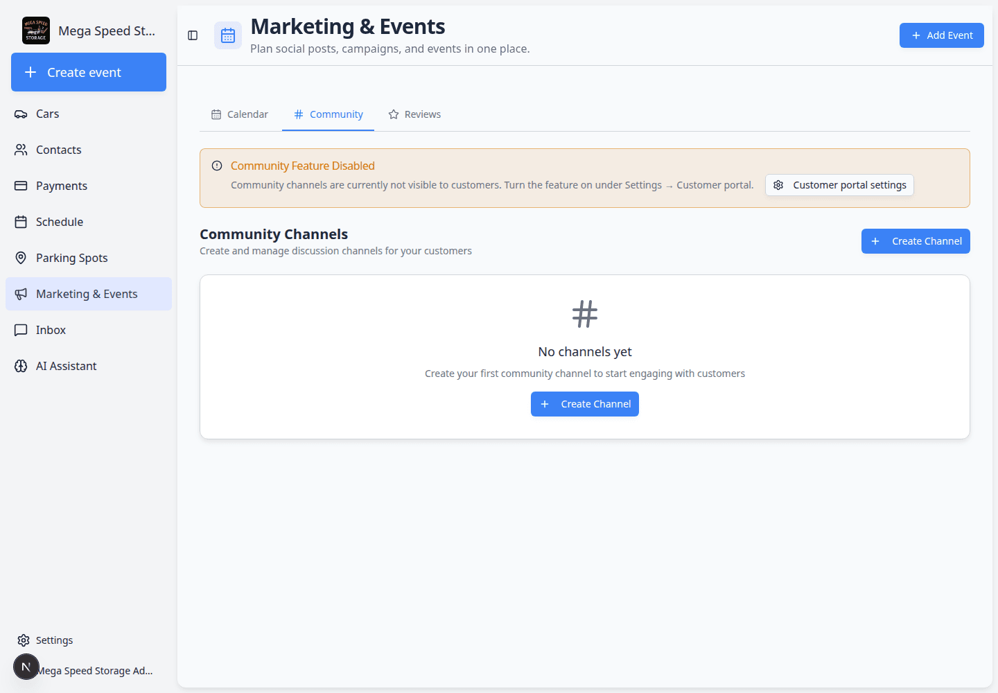Community Channels page showing channel cards and a Create Channel button