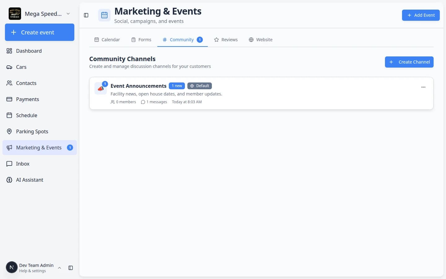 Community Channels page showing Event Announcements channel with NEW and DEFAULT badges, member count, and Create Channel button