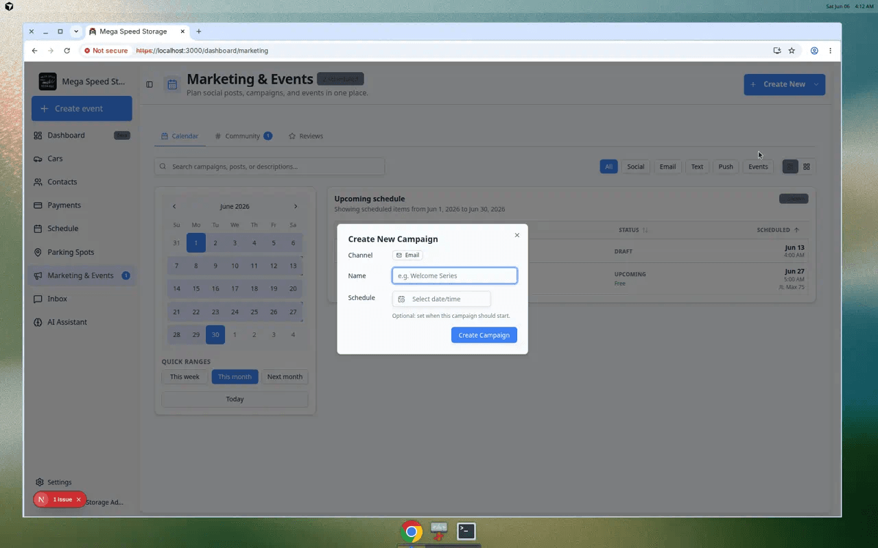 Create New Campaign dialog showing Channel, Name, optional Schedule, and Create Campaign button