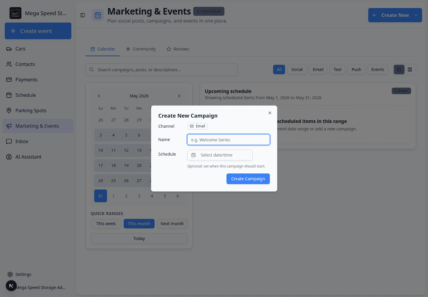Create New Campaign dialog with Channel, Name, Schedule, and Create Campaign button