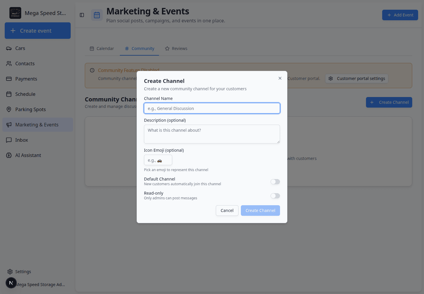 Create Channel dialog showing Channel Name, Description, Icon Emoji, Default Channel, and Read-only settings