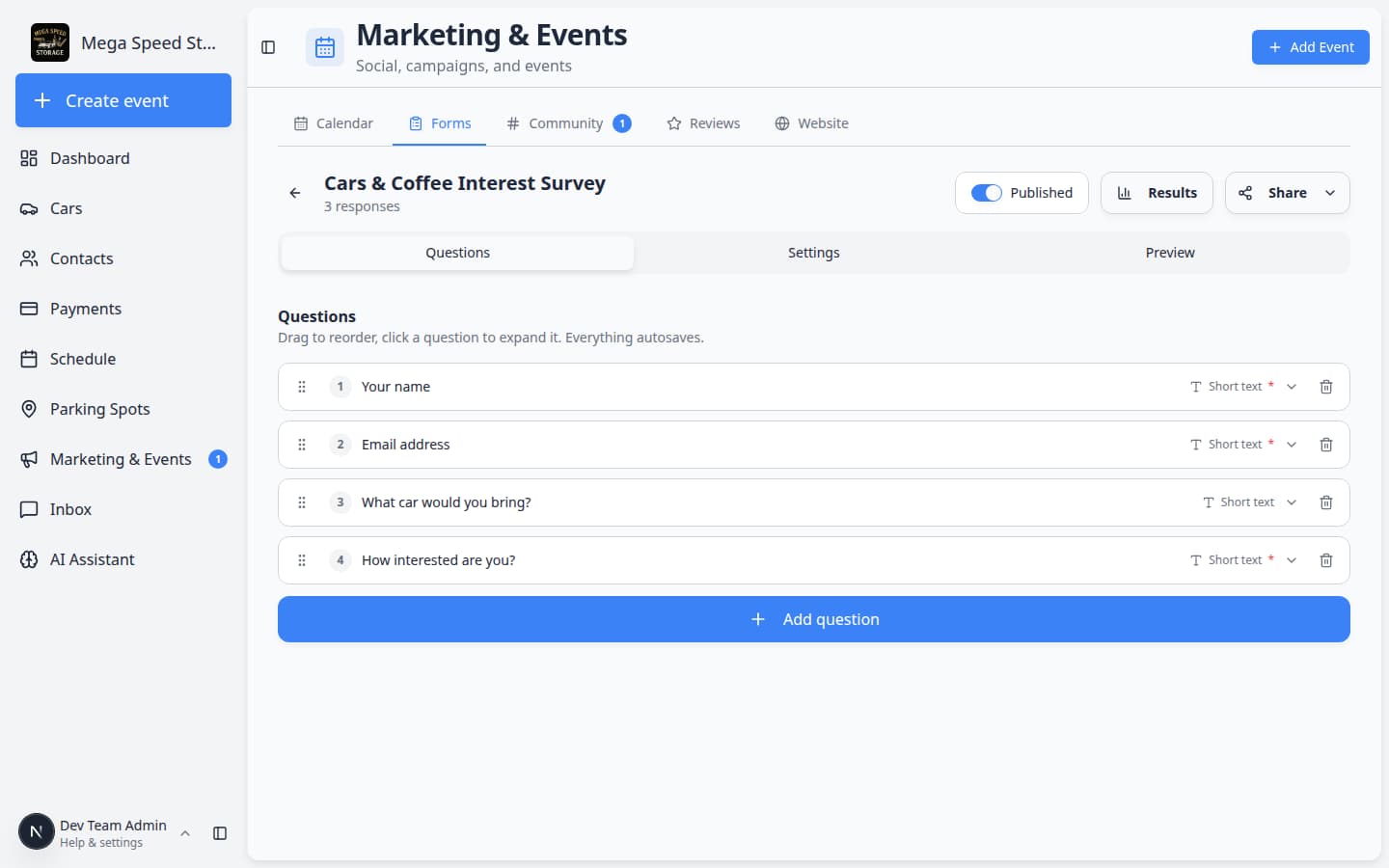 Form editor Questions tab showing multiple question cards with Published toggle on