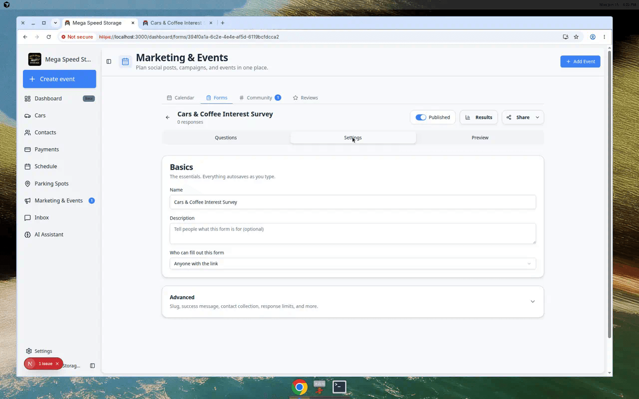 Form editor Settings tab showing name, description, and who can fill out this form dropdown