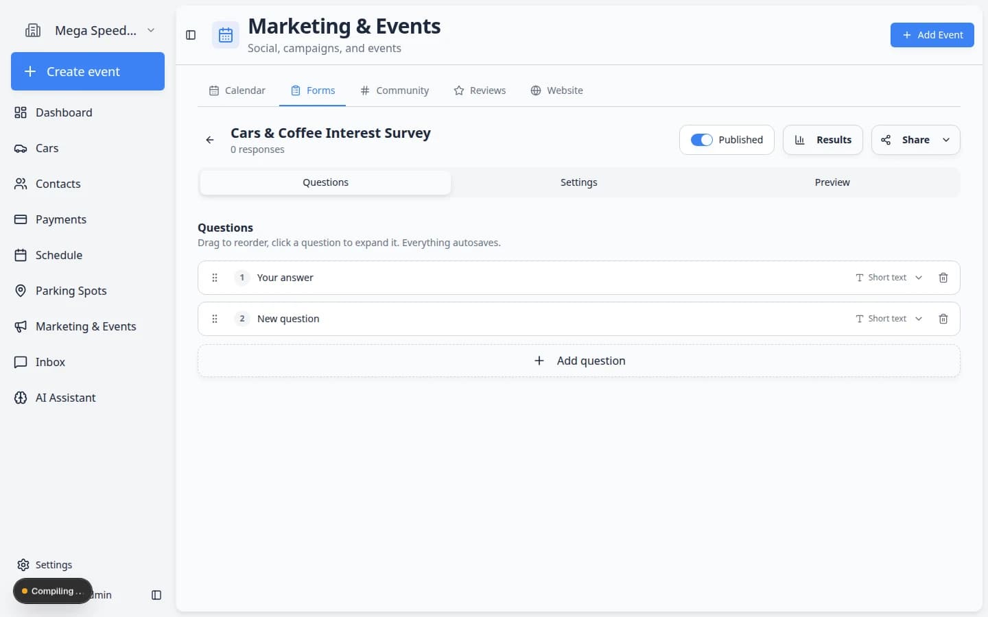 Form Results page header showing Export CSV button near the response count