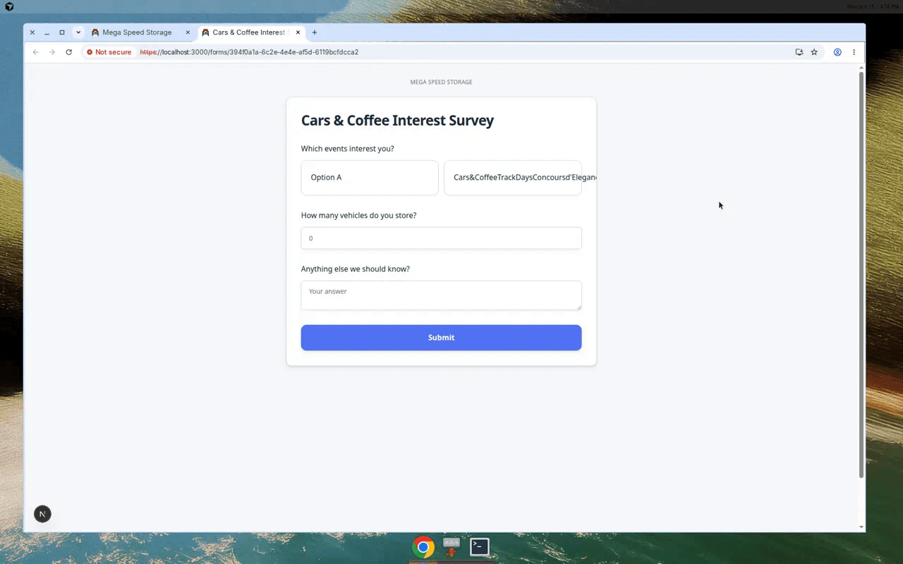 Public custom form page showing form title, description, question fields, and Submit button