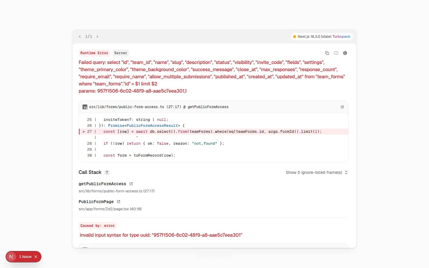 Public custom form page showing form title, description, question fields, and Submit button