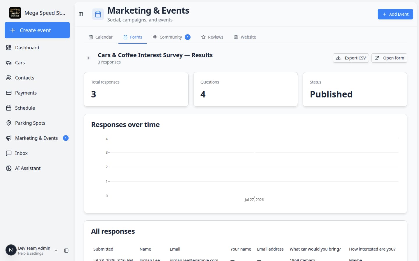 Form results page showing response count, charts for choice questions, and a table of individual submissions