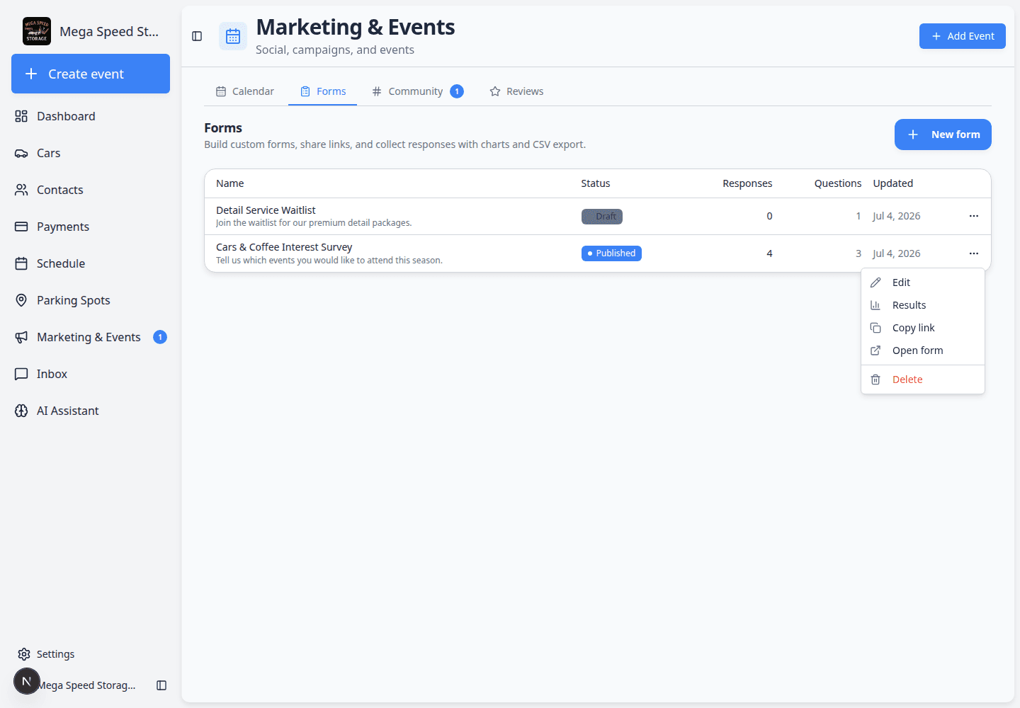 Three-dot menu on a form row showing Edit, Results, Copy link, and Delete options