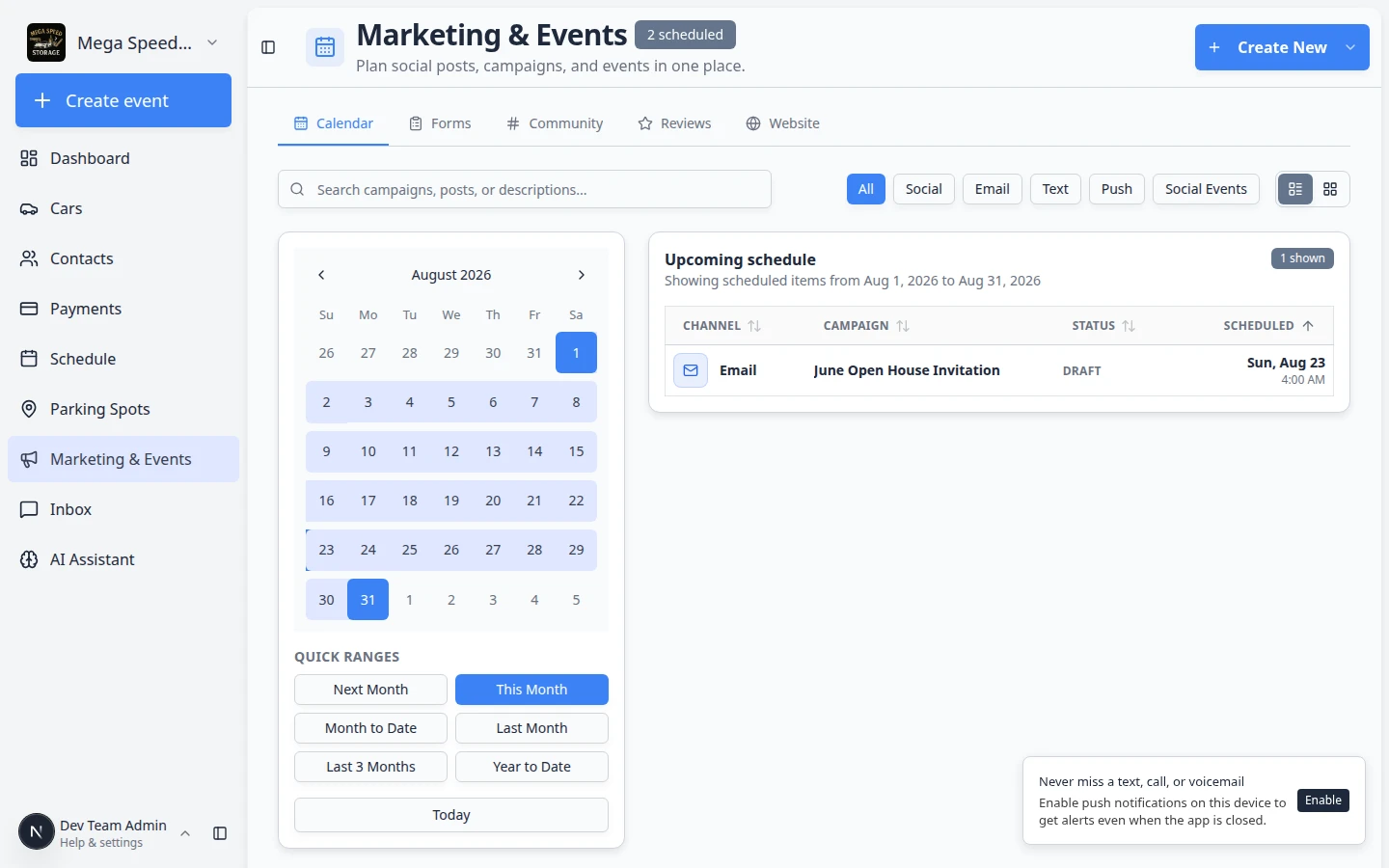 Marketing calendar showing Quick ranges buttons This week, This month, and Next month on the left side of the calendar
