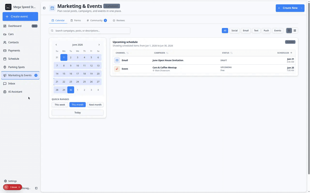 Marketing and Events calendar showing scheduled social, email, and event items