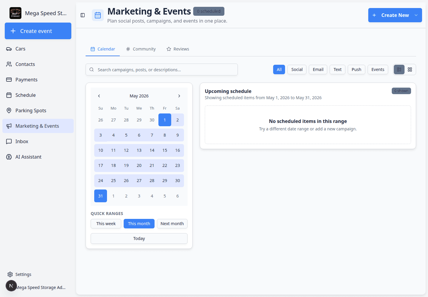 Marketing and Events calendar showing scheduled social, email, and event items