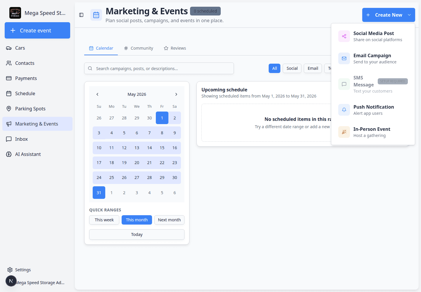 Create New menu showing Social Media Post, Email Campaign, SMS Message, Push Notification, and In-Person Event choices