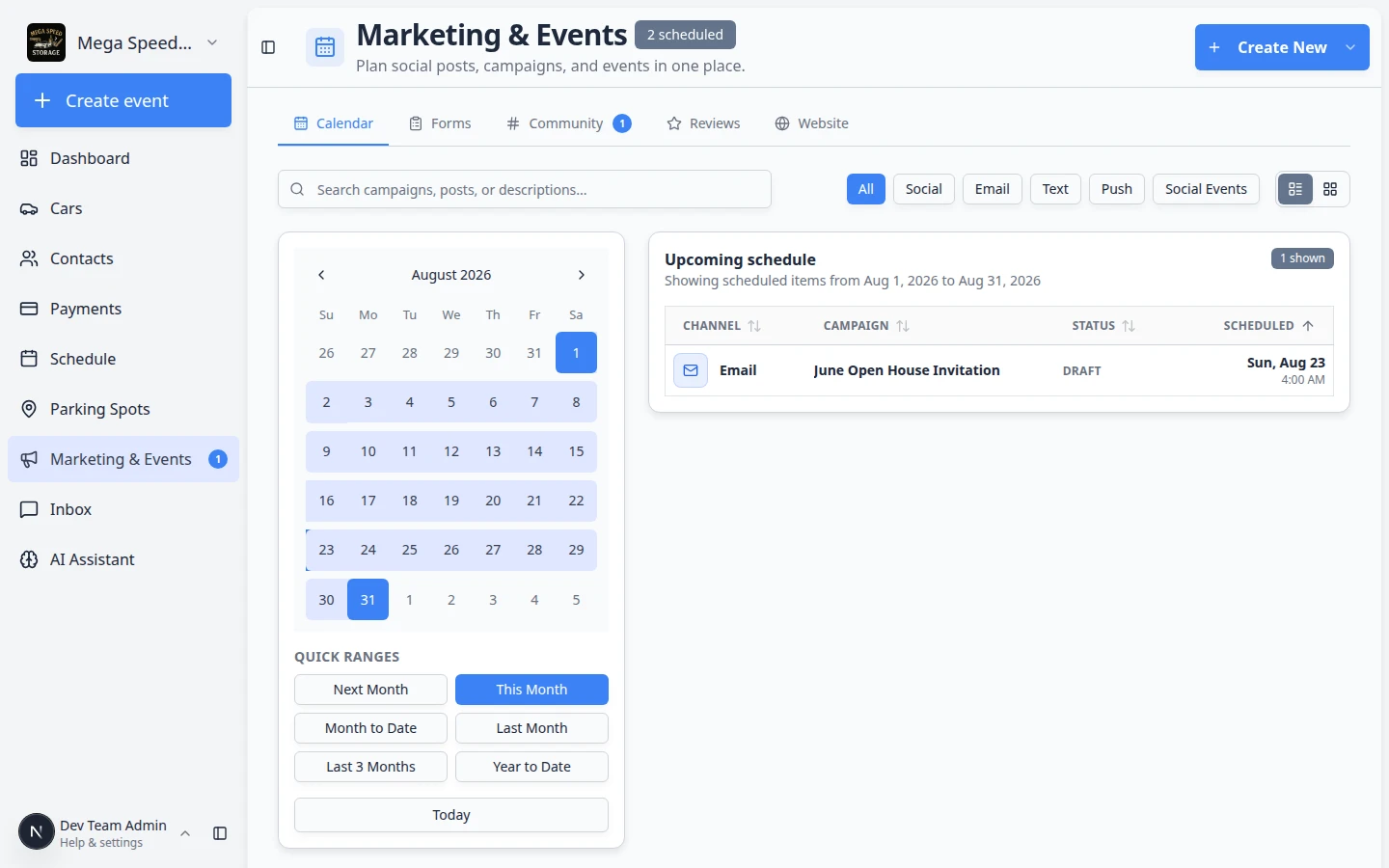 Create New menu showing Social Media Post, Email Campaign, SMS Message, Push Notification, and Social Event