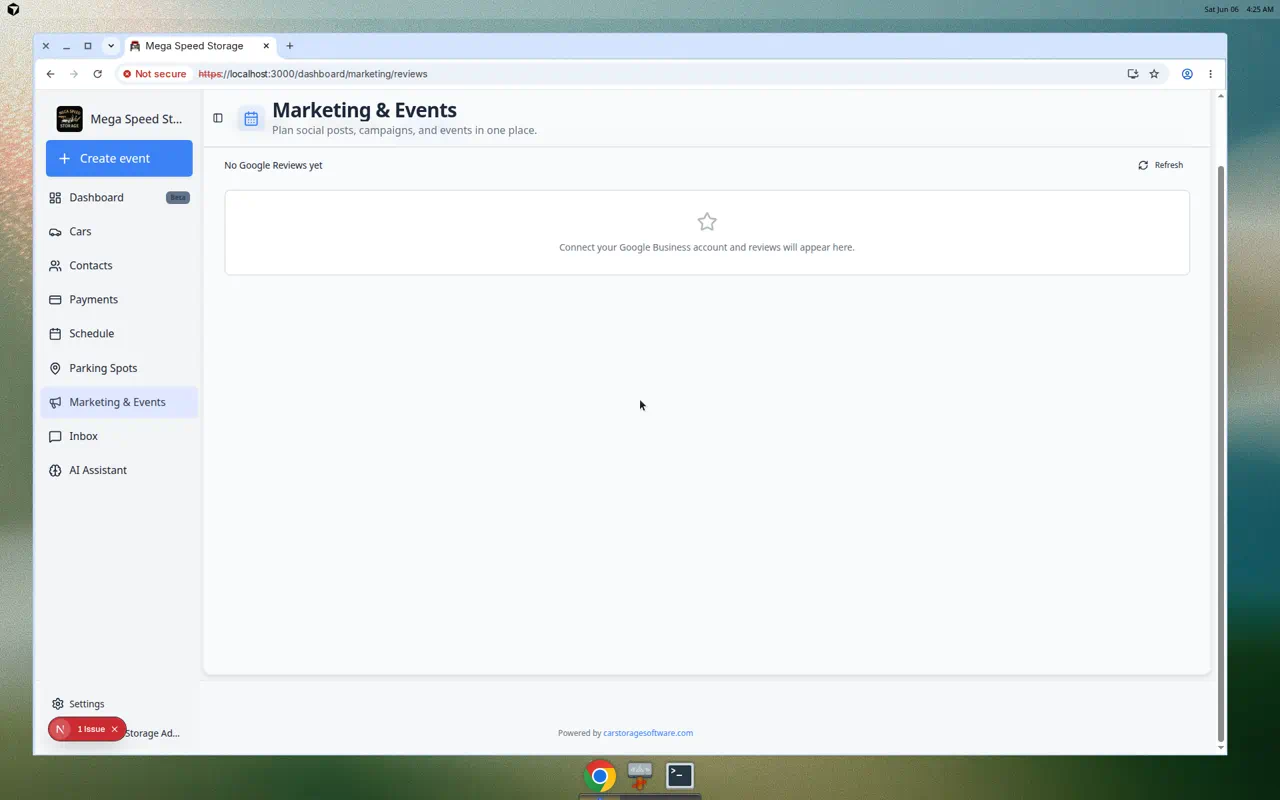 Reviews page with summary area and a message that Google reviews will appear after the business account is connected