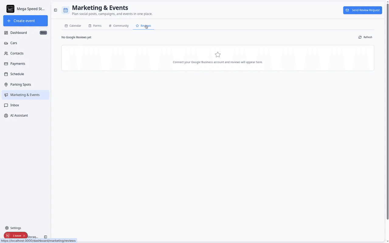Reviews page showing summary cards, review list area, and Send Review Request button in the header