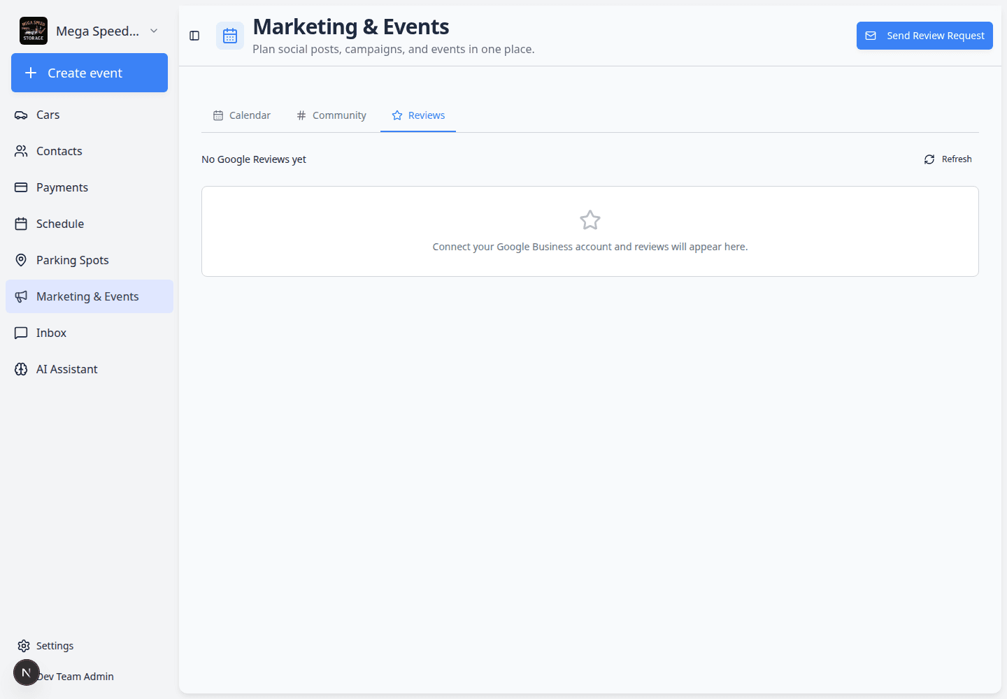 Reviews page showing summary cards, review list area, and Send Review Request button in the header