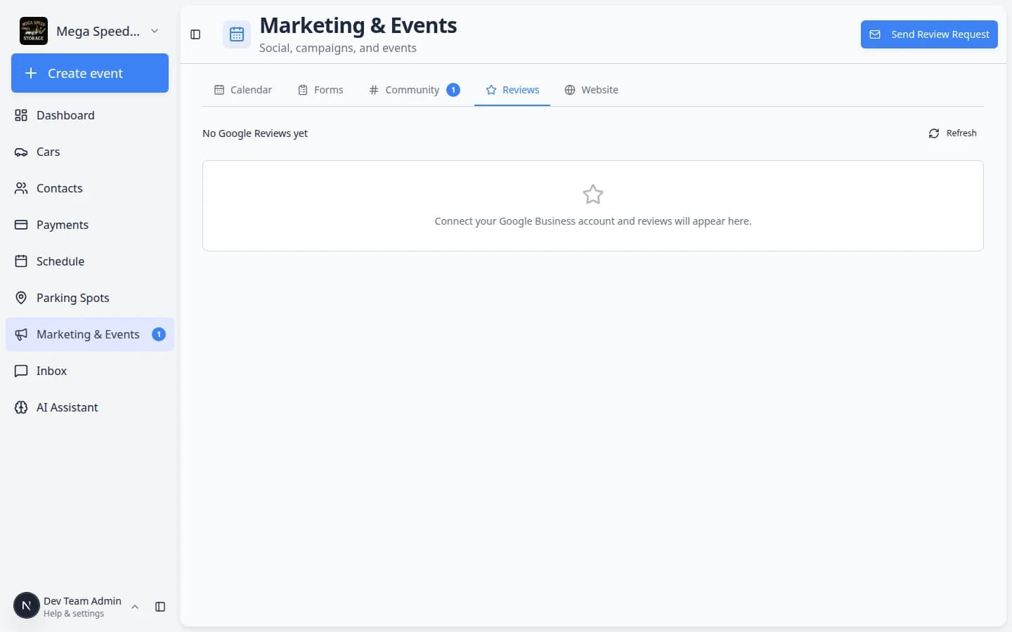 Reviews page showing review summary cards and a Send Review Request button