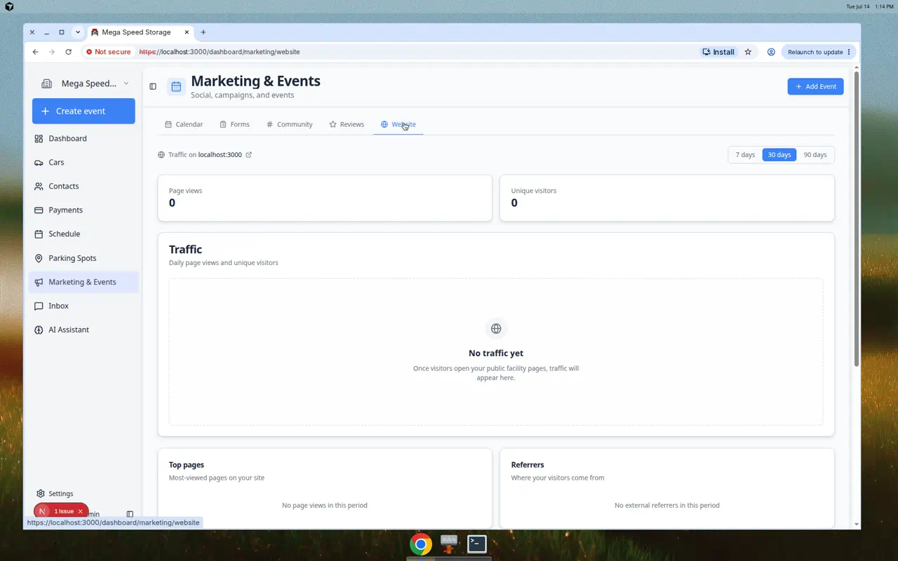 Website analytics dashboard showing page views, visitors, a traffic chart, and lists of top pages and devices
