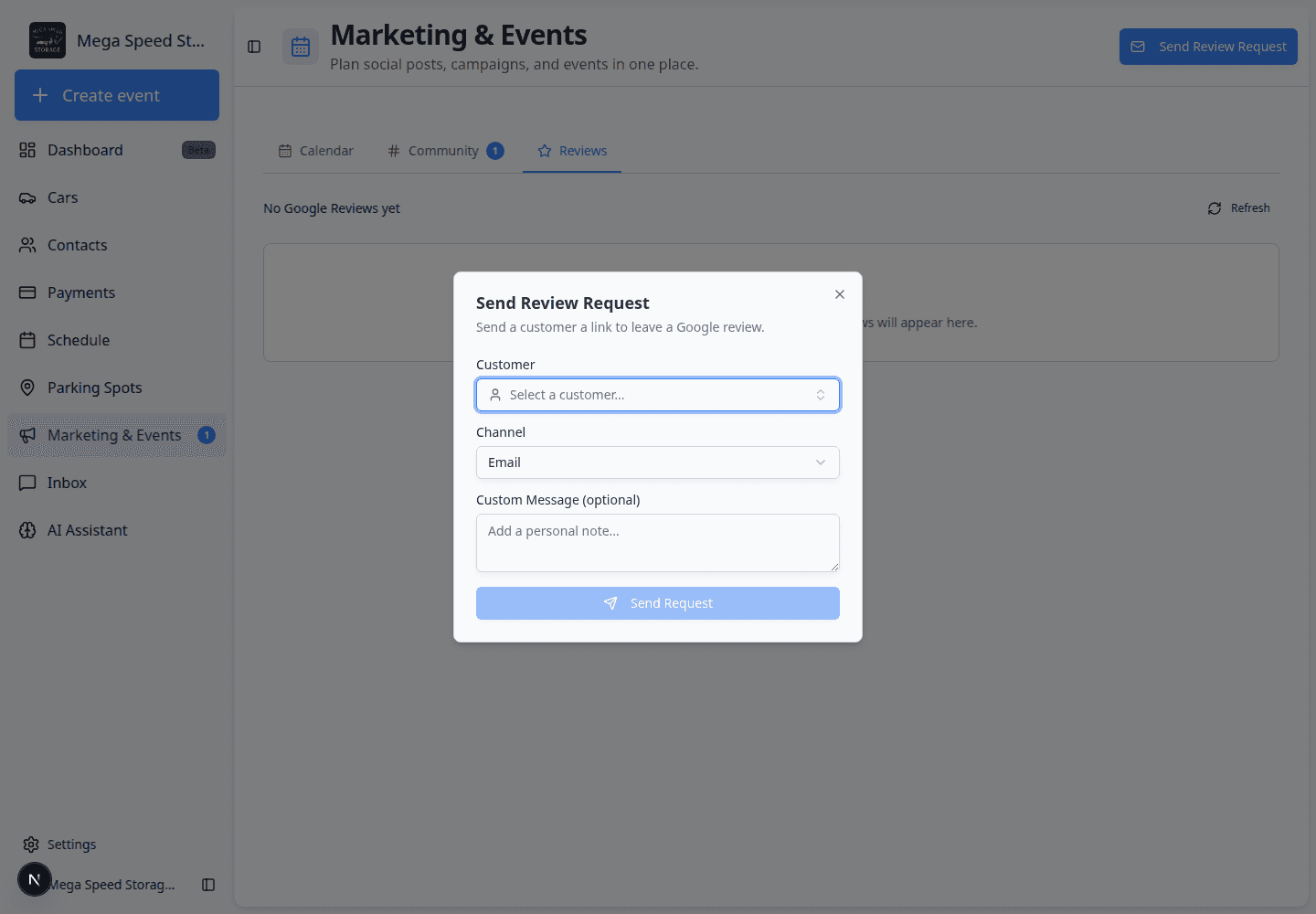 Send Review Request dialog with Customer, Channel, Custom Message, and Send Request fields