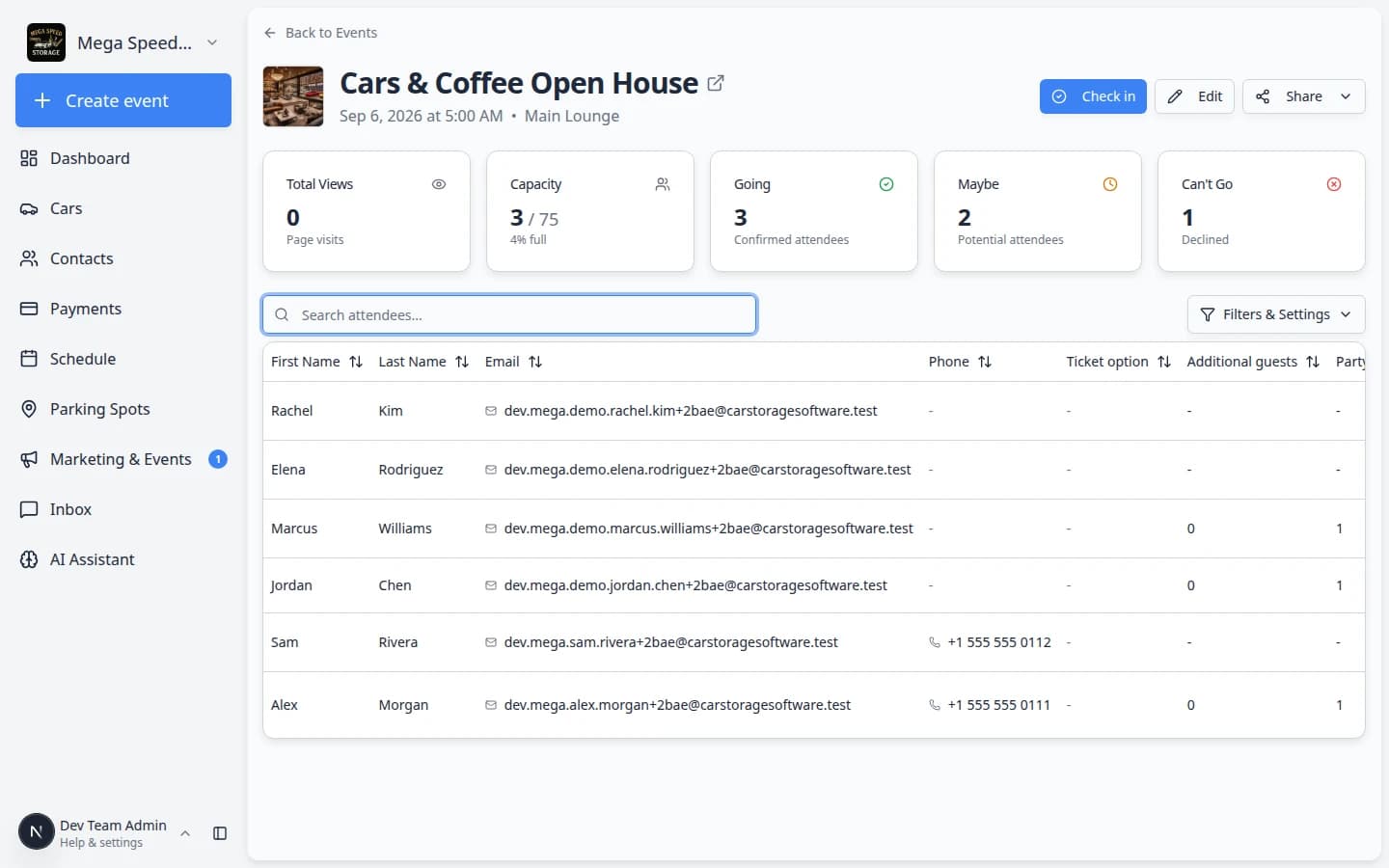 Social event attendee table with Search attendees field filled in and matching guest rows visible