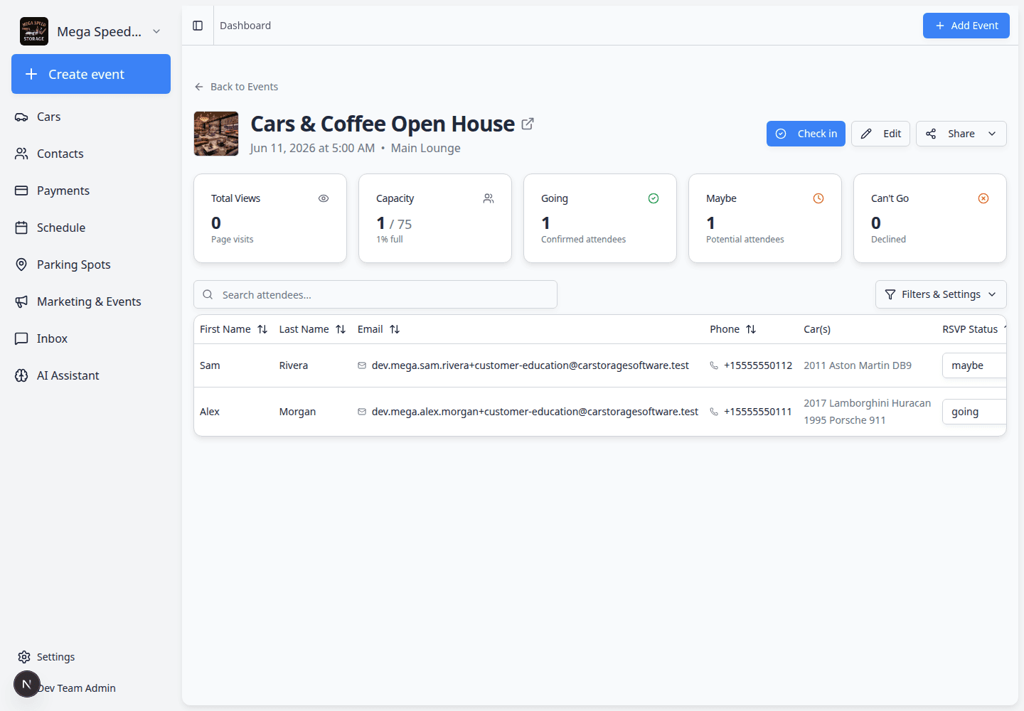 Social event detail page showing Check in button, attendance summary cards, and attendee list