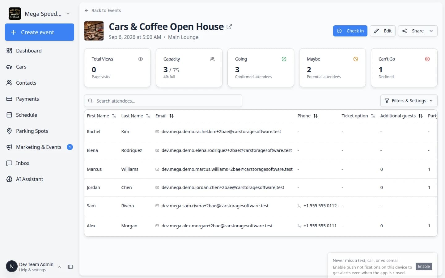 Social event detail page showing Total Views, Capacity, Going, Maybe, and Can't Go counts with an attendee table and Share button