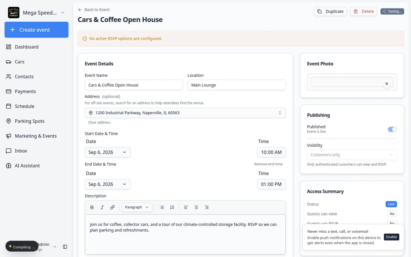 Social event ticket and RSVP options in the editor