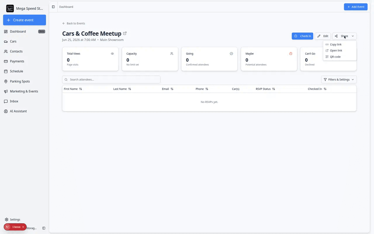 Share menu on a social event with Copy link, Open link, and QR code options