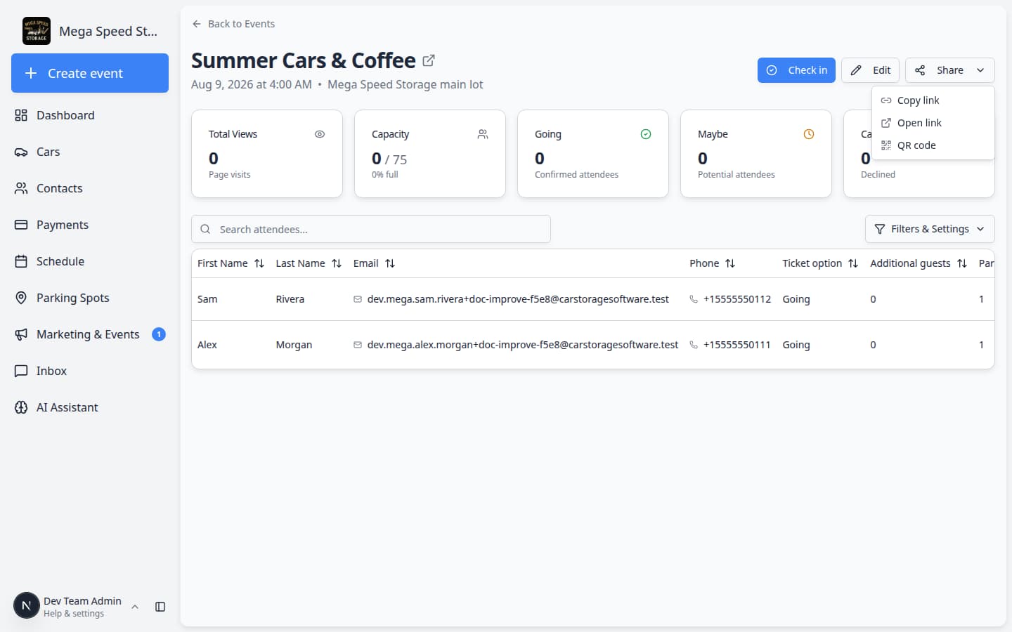 Share menu on a social event with Copy link, Open link, and QR code options