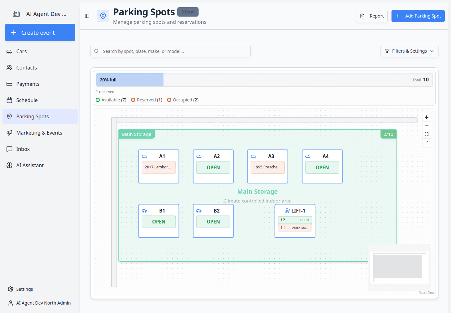 Parking spot dialog showing car details and controls for adding or moving a car