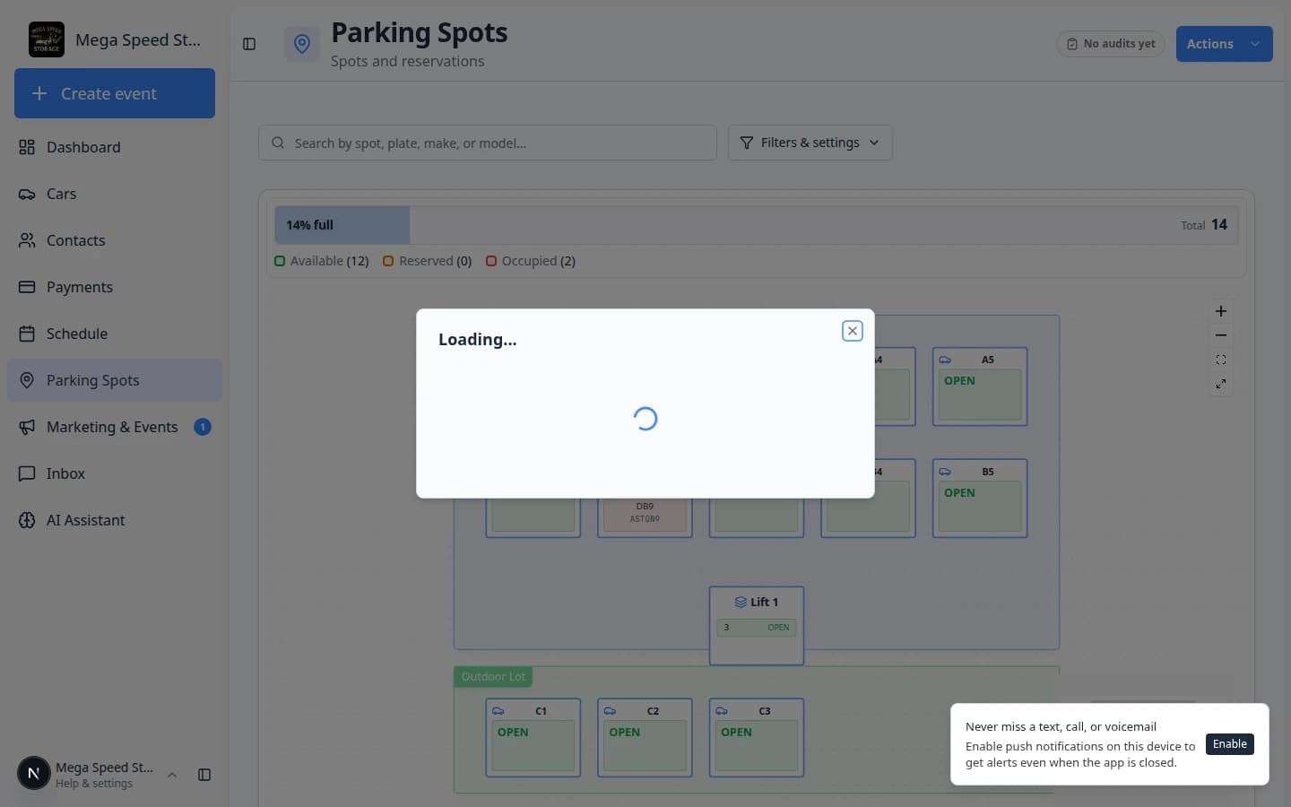 Parking spot dialog on the map showing an empty spot ready to add a car or move a vehicle