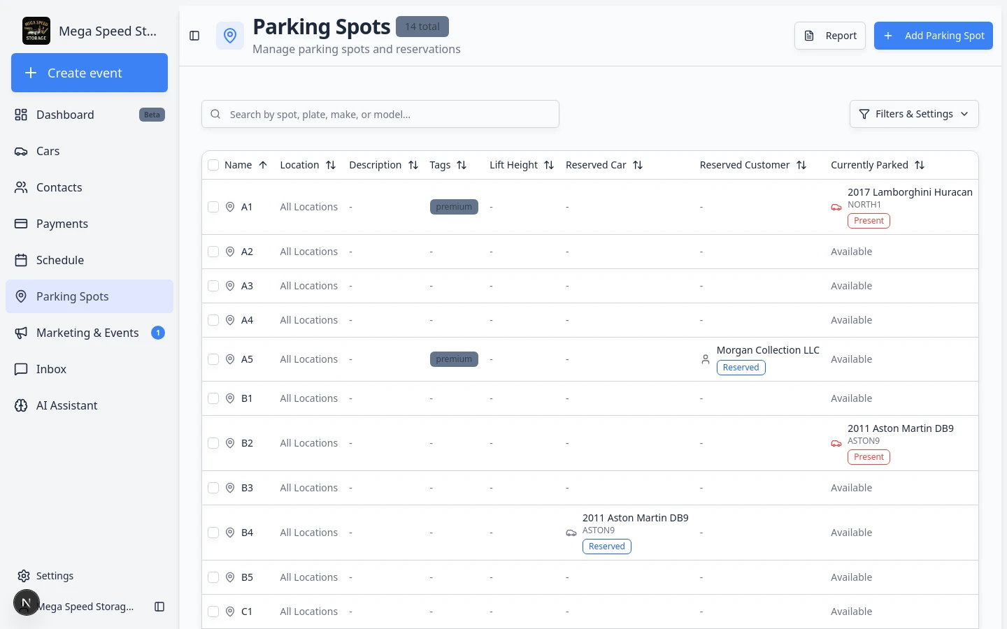 Parking spot dialog on the map showing an empty spot ready to add a car or move a vehicle