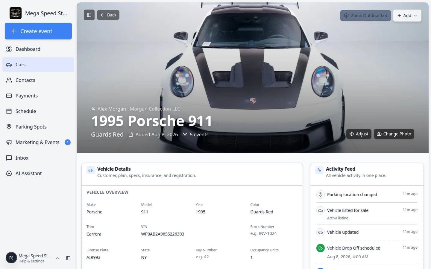 Car detail page showing Zone Outdoor Lot on the parking location button