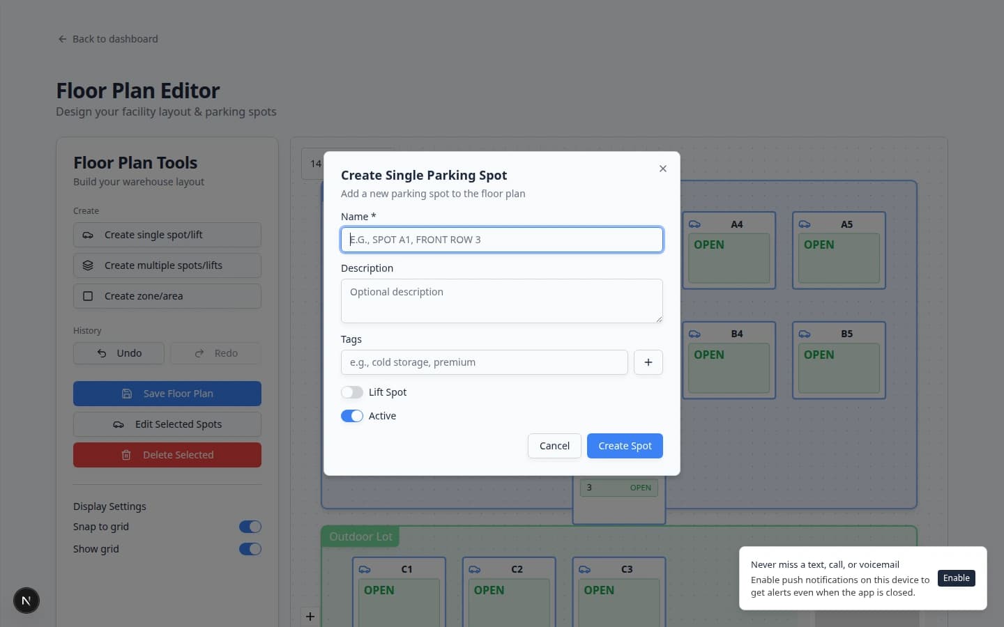 Create Single Parking Spot dialog showing fields for Name, Description, Tags, Lift Spot, and Active