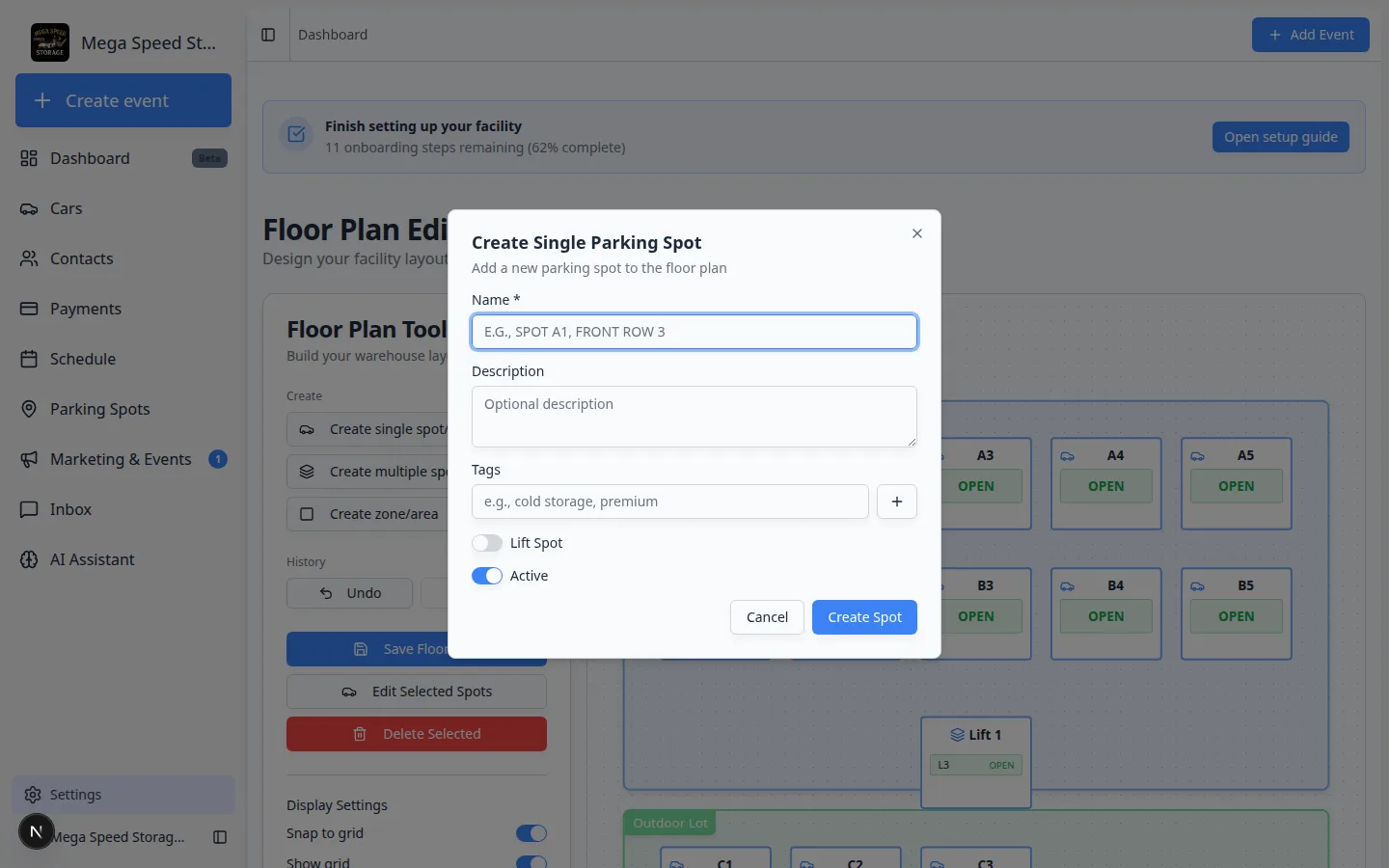 Create Single Parking Spot dialog showing fields for Name, Description, Tags, Lift Spot, and Active