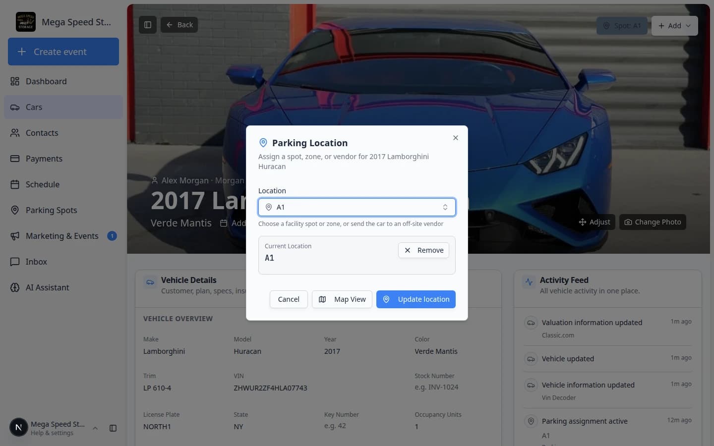Move Vehicle dialog showing the current car and a search field to pick a new parking spot or zone