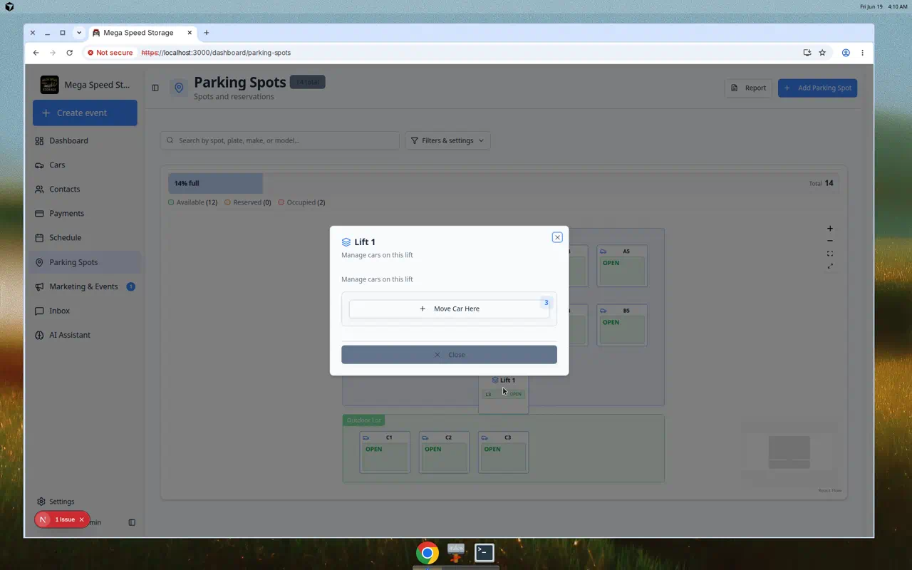 Lift 1 parking spot dialog on the map showing options to manage cars on the lift