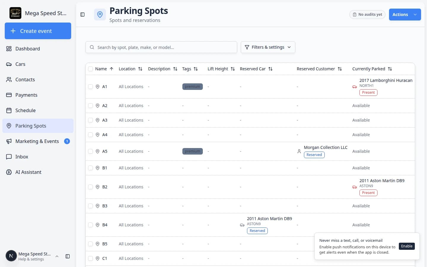 Parking Spots map in full screen mode showing the facility floor plan and spot labels