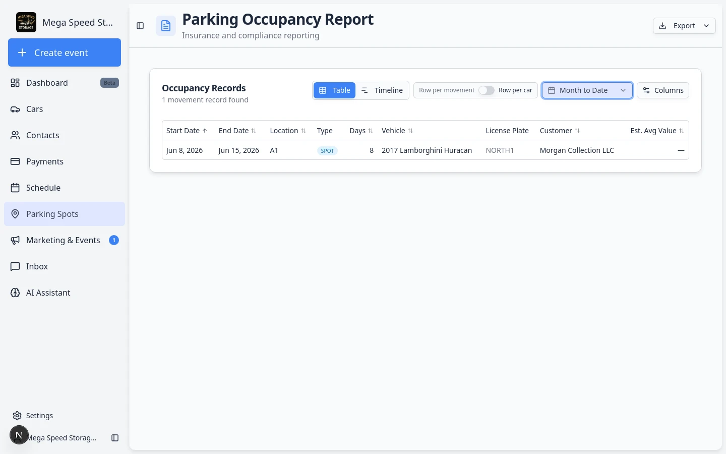 Parking report date range menu open showing quick options such as Month to Date and Last Month plus custom start and end dates