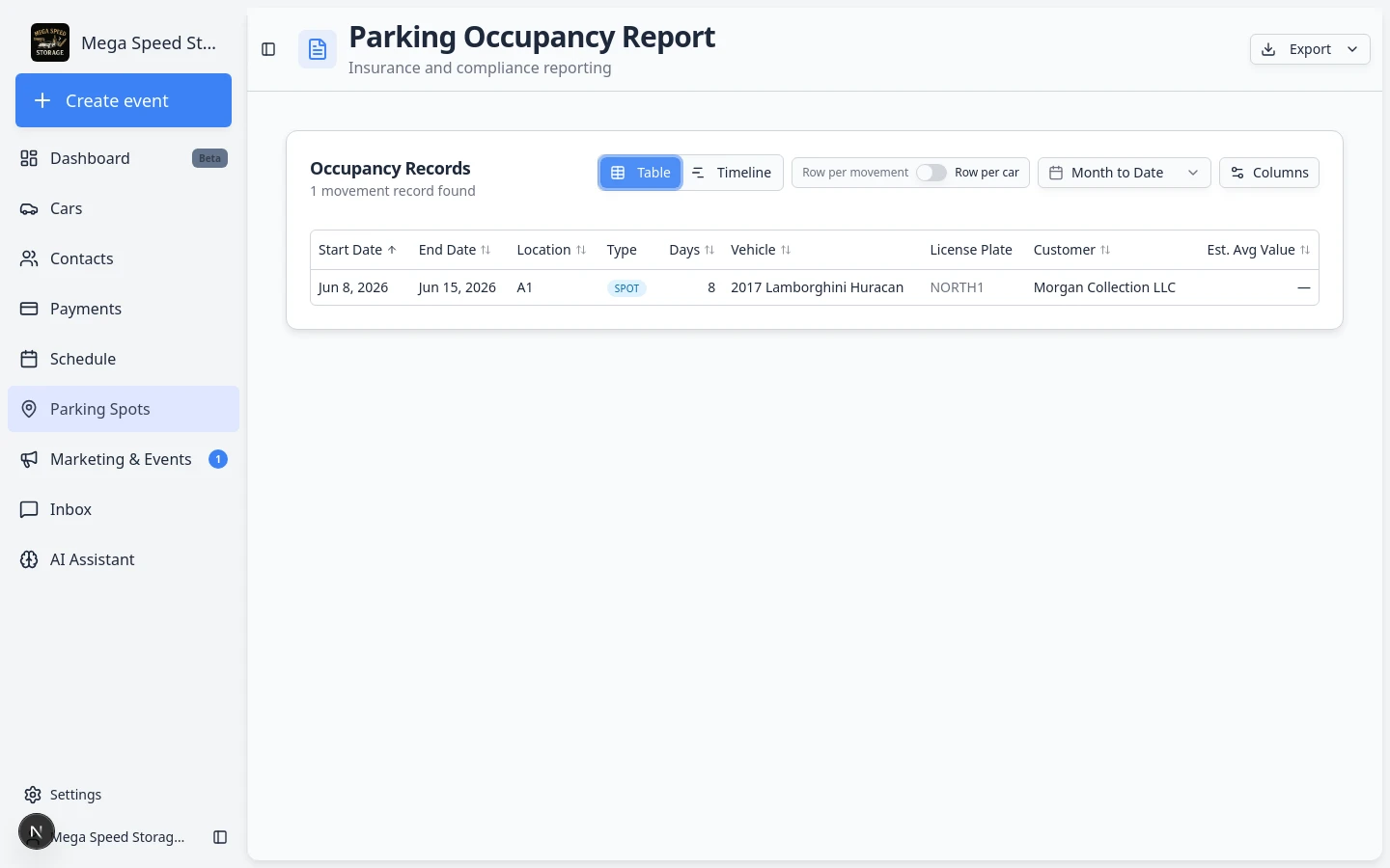 Parking Occupancy Report table showing one row per parking movement with spot, vehicle, customer, and days columns