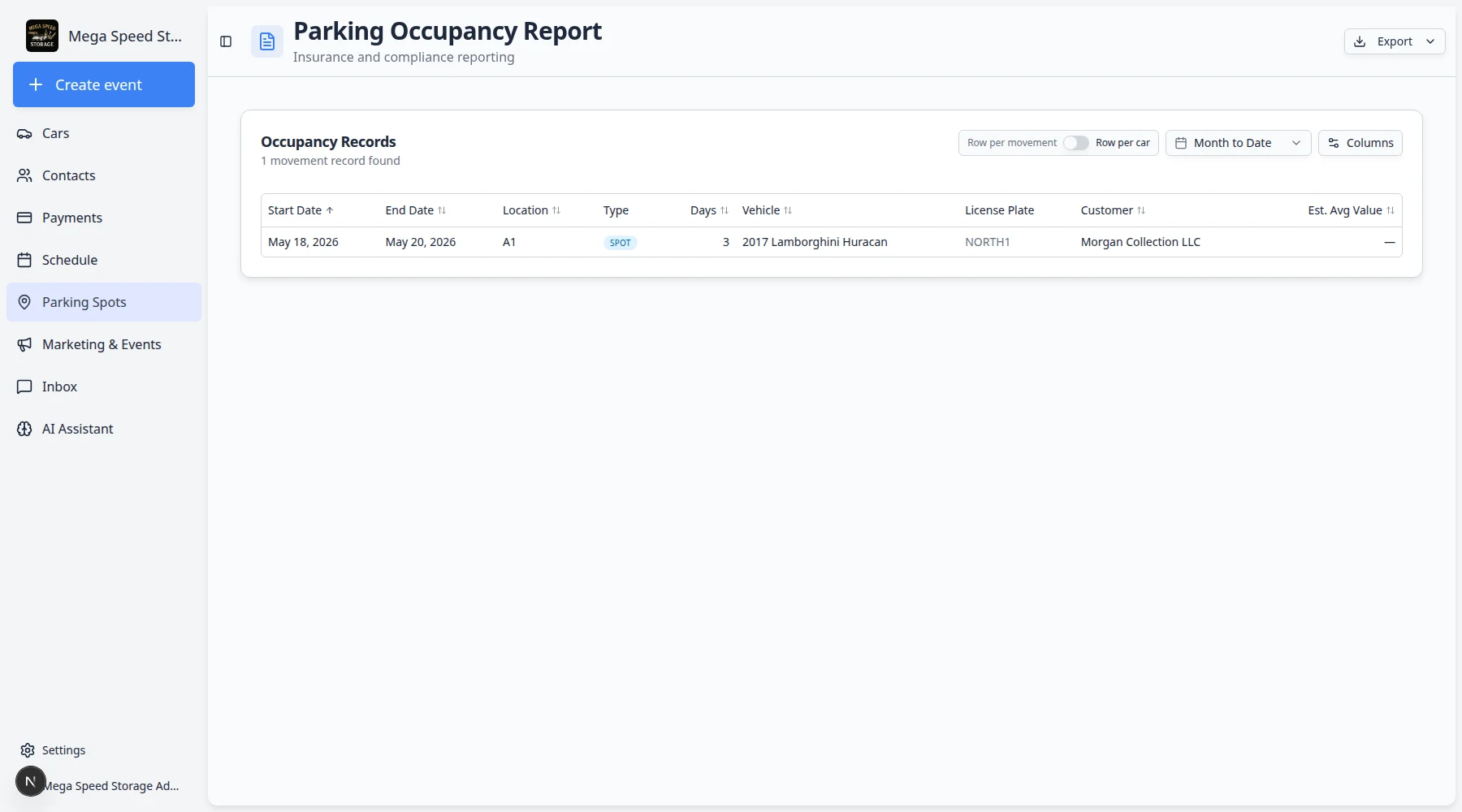 Parking report page showing date range controls, export controls, and parking assignment rows