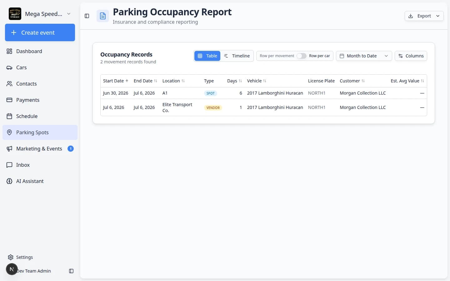 Parking Occupancy Report table showing a row with Type Vendor and location Elite Transport Co.