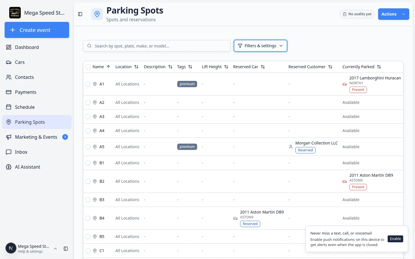 Reserve Parking Spot dialog showing current reservation for Morgan Collection LLC, Reserve for Customer set to Alex Morgan, and buttons Clear Reservation, Cancel, and Save Reservation