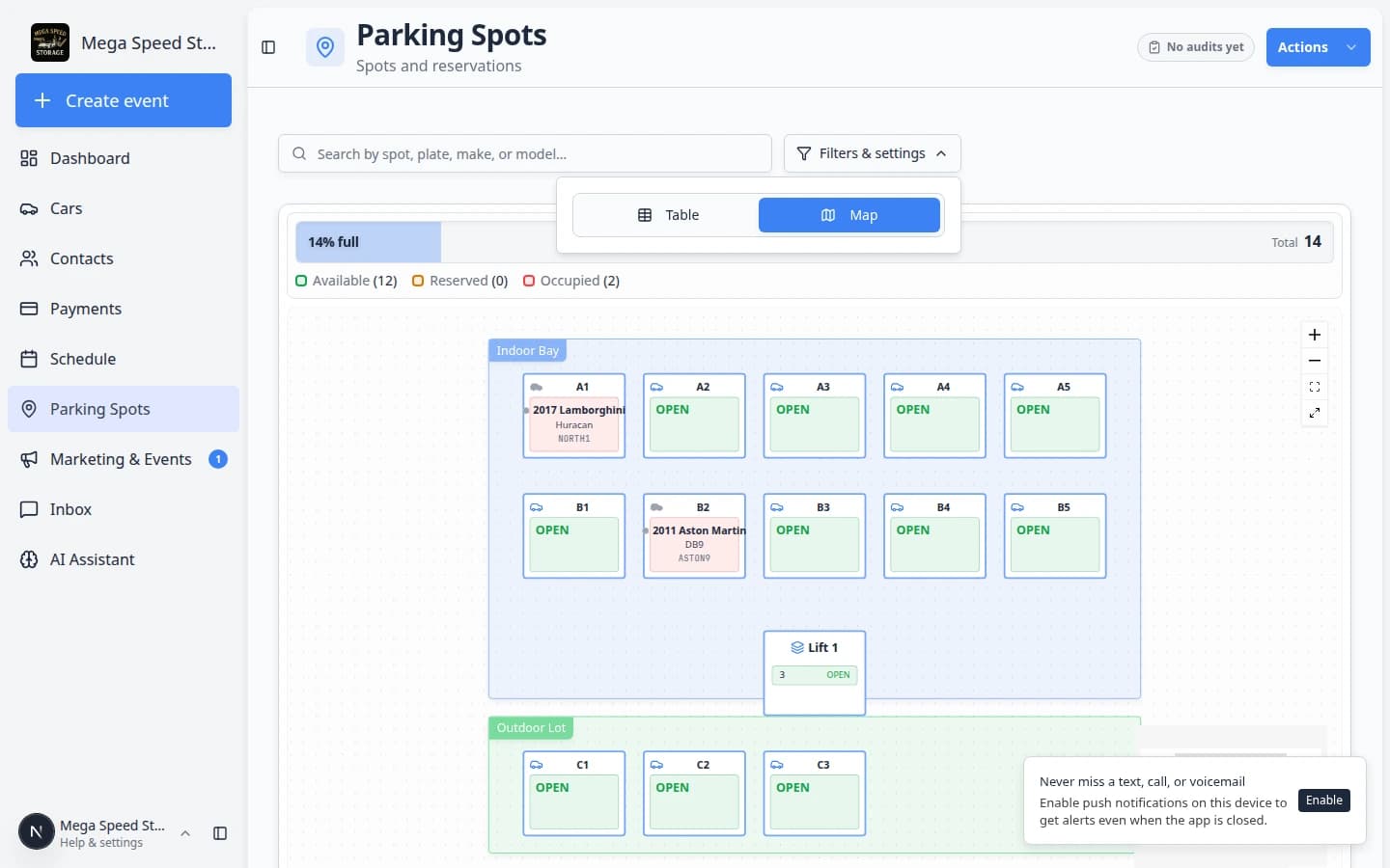 Parking Spots map with Filters and Settings open showing Map view, search field, and summary counts for available, reserved, and occupied spots