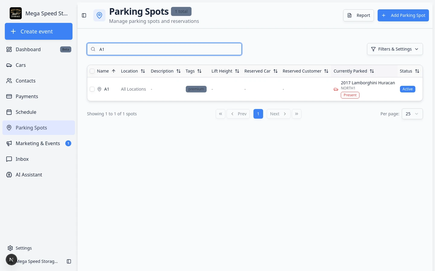 Parking Spots map with Filters and Settings open showing Map view, search field, and summary counts for available, reserved, and occupied spots