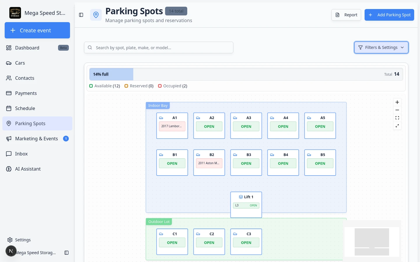 Filters and Settings panel on Parking Spots showing Map and Table view buttons and display options