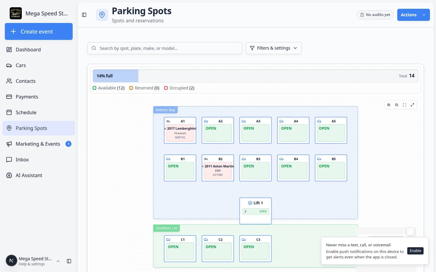 Parking Spots page showing a facility map with named parking spots, occupied and reserved spaces, zones, and availability counts